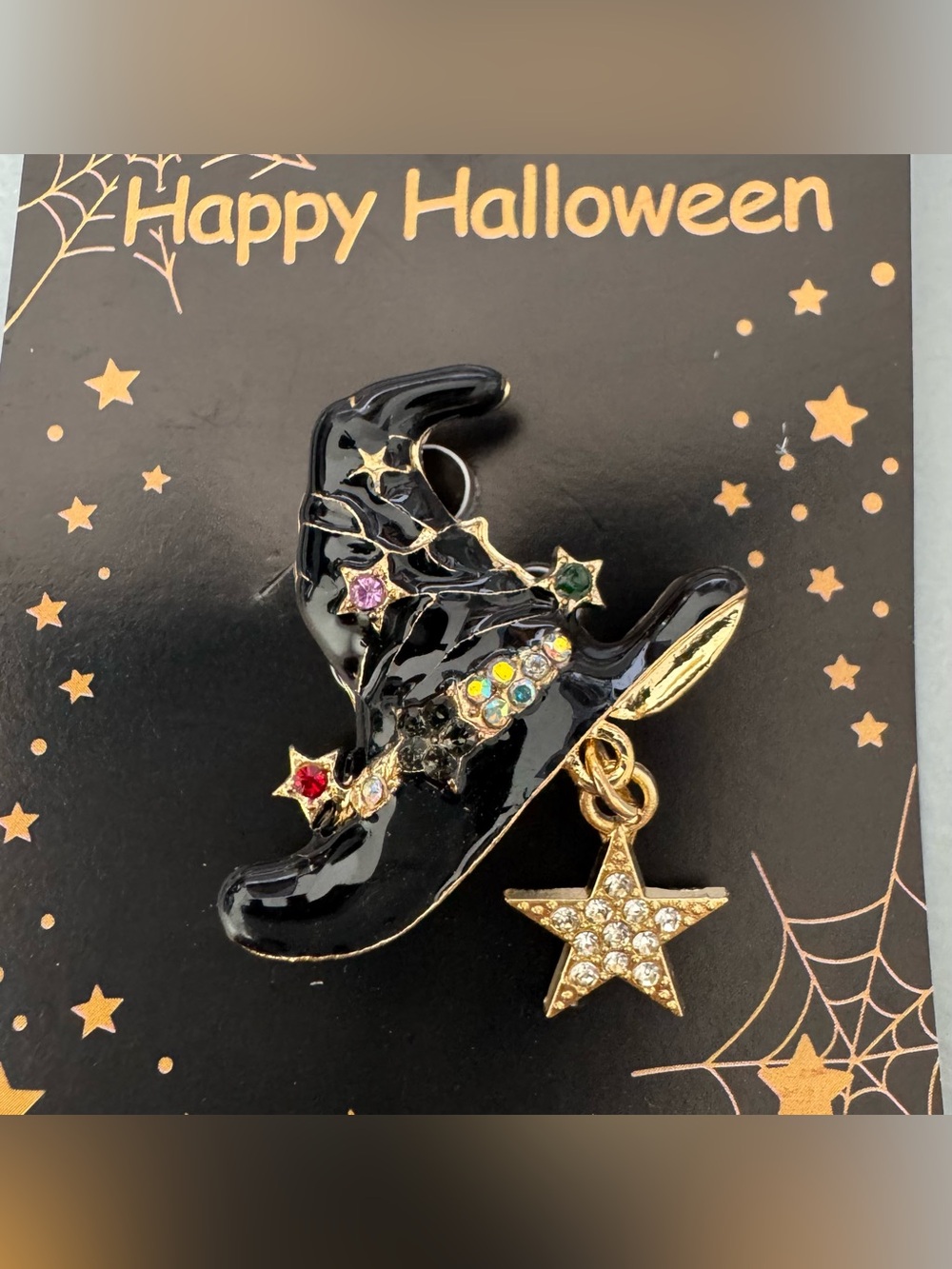 Halloween Black Witch Hat Brooch with Gold Star Charm enamel classy